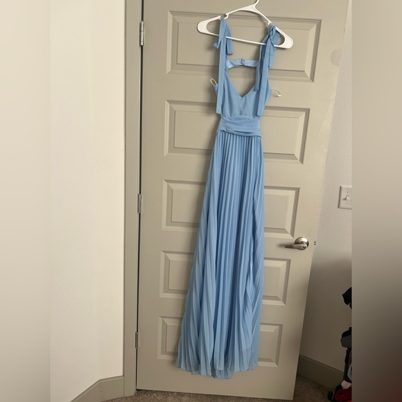 Celebratory Allure Powder Blue Pleated Backless Maxi Dress - Picture 4 of 6